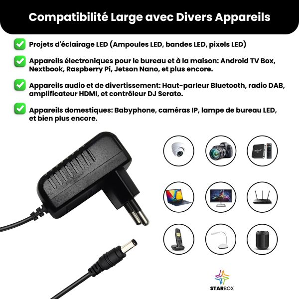 az-product-16-285 STAR BOX Alimentation Universelle 12V 1A DC, AC 100-240V 50/60Hz fiche Jack 5,5-2,5mm